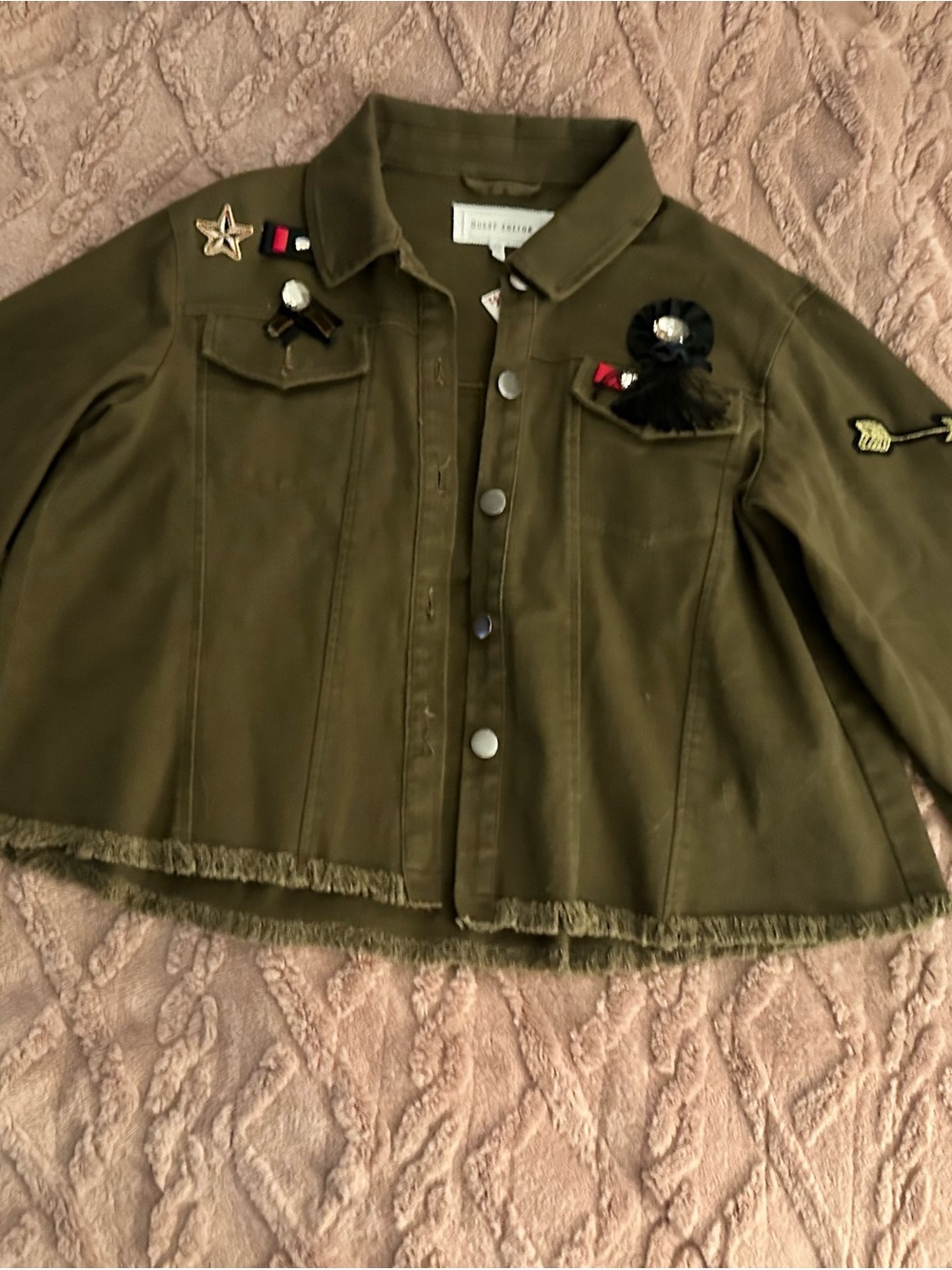 Olive Embellished Jean Jacket with Fringe Hem